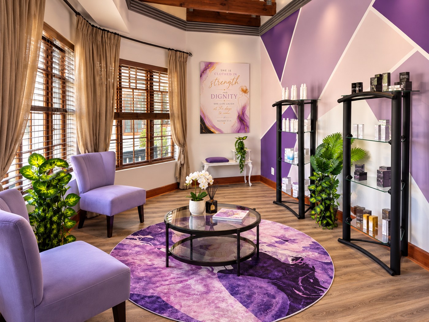 The Diva Wellness & Aesthetics reception and waiting area in George, with skincare products on display